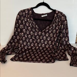 Rebecca Taylor Plum Floral V-Neck Blouse with Smocked Cuffs